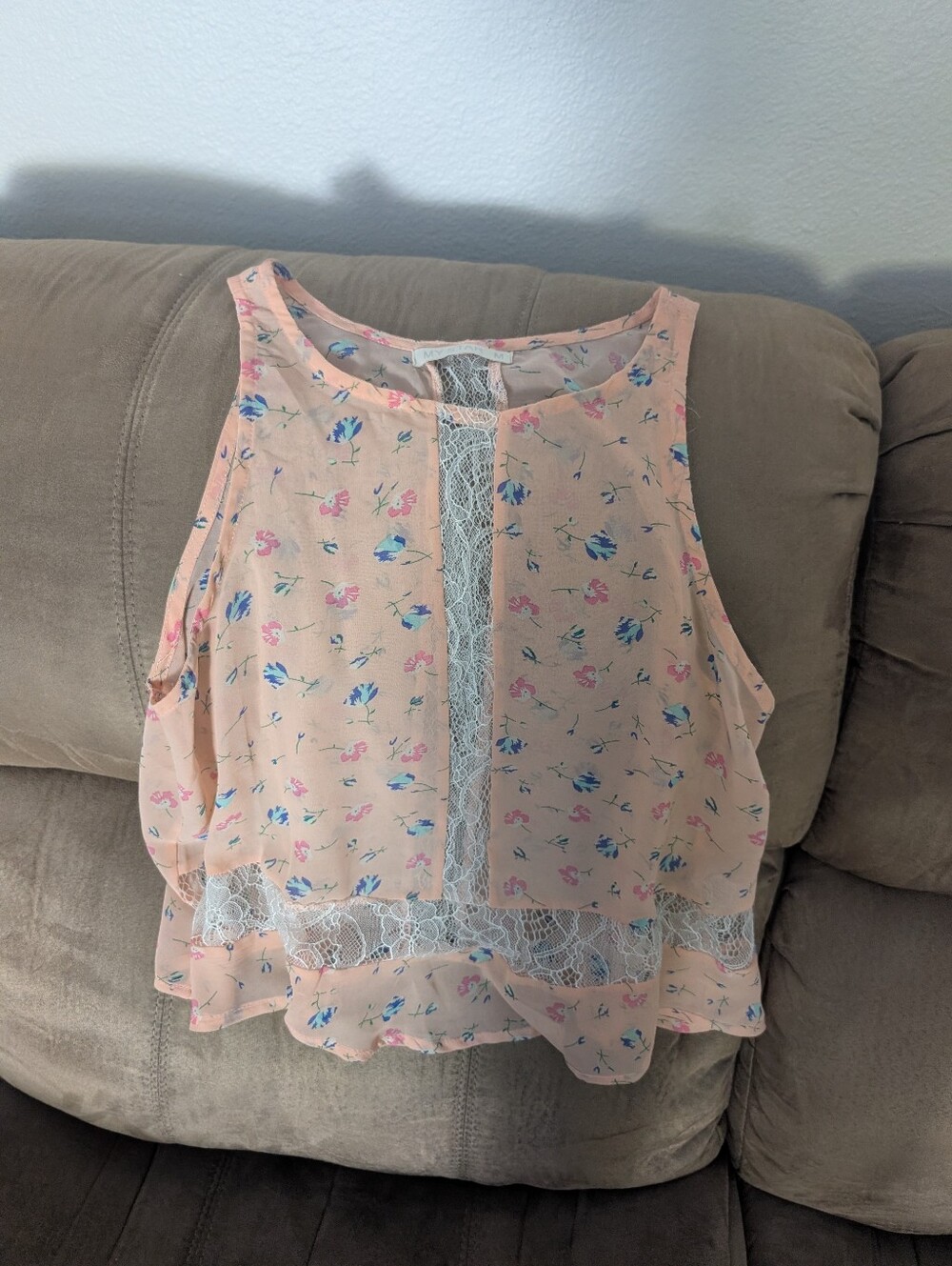 My Star Denim Peach Floral Lace-Trim Sleeveless Camisole